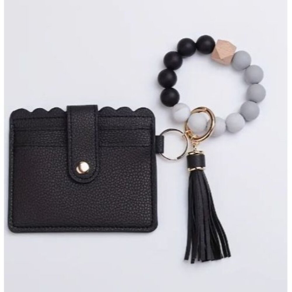 Card Holder‎ Wallet With Silicone Bead Bracelet Keychain & Tassel NEW